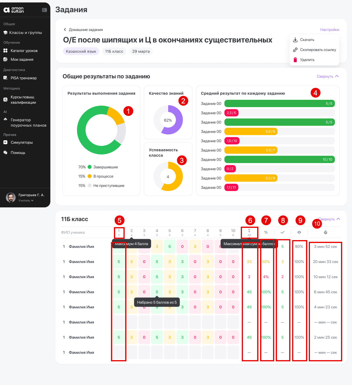 Скриншот интерфейса с нумерацией